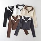 Long-sleeve Contrast Collar Cropped Polo Shirt