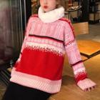 Pattern Sweater / Faux-fur Circle Scarf