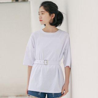 Elbow-sleeve Belt-waist Top