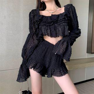 Square-neck Ruffle Trim Cropped Blouse / Shorts
