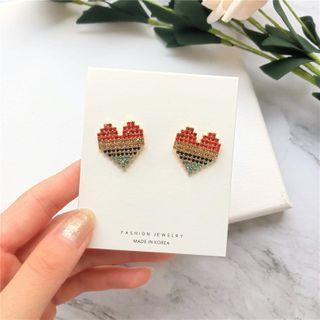 Rhinestone Heart Stud Earring 1 Pair - 925 Silver - Multicolor - One Size