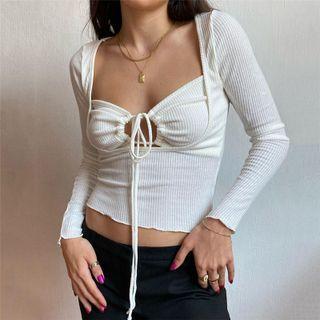 Plain Ribbed Long Sleeve Cut-out Cropped T-shirt