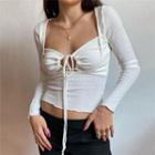 Plain Ribbed Long Sleeve Cut-out Cropped T-shirt
