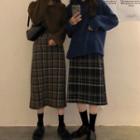 Plain Oversize Sweater / Plaid Midi Straight-fit Skirt