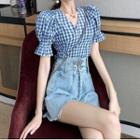 Puff-sleeve Gingham Blouse / Wide-leg Denim Shorts