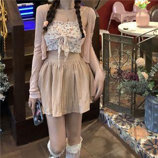 Floral Cropped Camisole Top / Plain Cardigan / Mini A-line Skirt