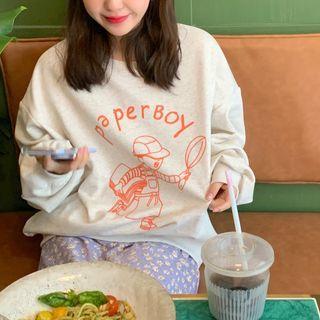 Cartoon Print Sweatshirt Light Melange Grayish Almond - One Size