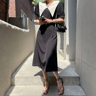 Contrast Sailor-collar Midi Dress