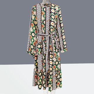 Patterned Long-sleeve Midi A-line Dress Green & Yellow - One Size