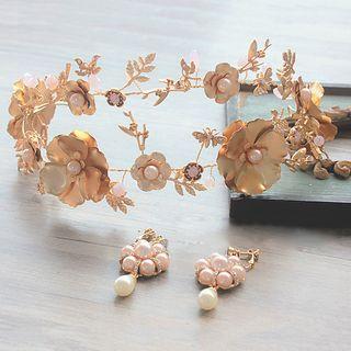 Set: Bridal Flower Headpiece + Faux-pearl Drop Earring Crown & Earring - Gold - One Size