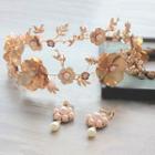 Set: Bridal Flower Headpiece + Faux-pearl Drop Earring Crown & Earring - Gold - One Size