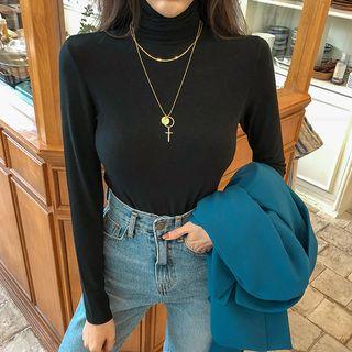 Turtleneck Wool Blend Slim Top