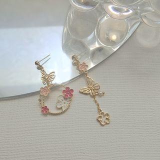 Butterfly Flower Rhinestone Faux Pearl Asymmetrical Alloy Dangle Earring