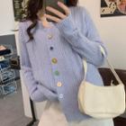 Long-sleeve Pearl Button Plain Cable Knit Cardigan