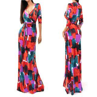 3/4-sleeve Patterned Maxi Dress
