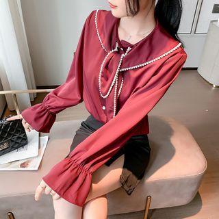 Faux Pearl Beaded Bow Strap Chiffon Blouse
