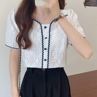 Short-sleeve Eyelet Lace Top Dark Blue & White - One Size