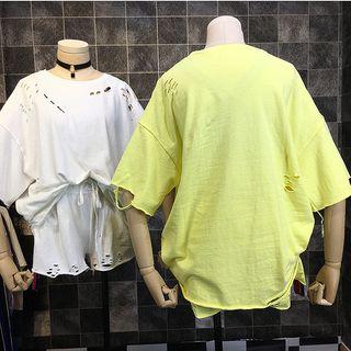 Set: Ripped Elbow-sleeve T-shirt + Ribbon Trim Shorts