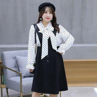 Set: Dotted Bell-sleeve Blouse + Buttoned A-line Pinafore Dress