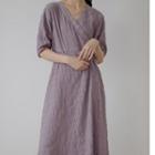 Elbow-sleeve Midi A-line Crinkle Dress Light Purple - One Size