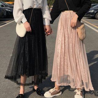 Embellished Midi A-line Mesh Skirt
