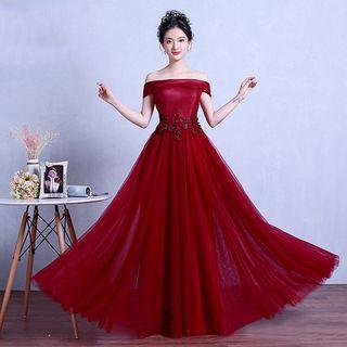 Flower Applique Off-shoulder Evening Gown