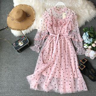 Set: Slipdress + Long-sleeve Dotted A-line Dress