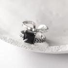 Square Rhinestone Layered Sterling Silver Open Ring Black & Silver - One Size