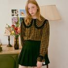 Lace-frilled Sailor-collar Gingham Blouse Yellow - One Size