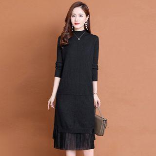 Long-sleeve Mesh Trim Knit Shift Dress