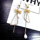 Non-matching Faux Pearl Rhinestone Bow Fringed Earring 1 Pair - Gold & White - One Size