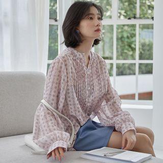 Printed Pintuck Long-sleeve Blouse