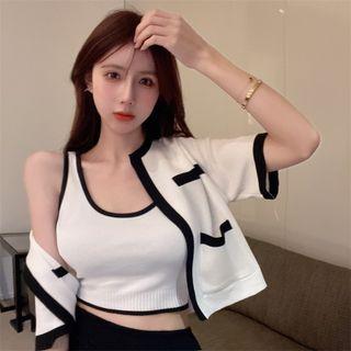 Set: Contrast Trim Knit Crop Tank Top + Short-sleeve Cardigan