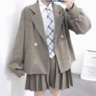 Double-breasted Plaid Coat / Mini Pleated Skirt