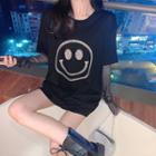 Mesh-sleeve Mock Two-piece Rhinestone Loose T-shirt
