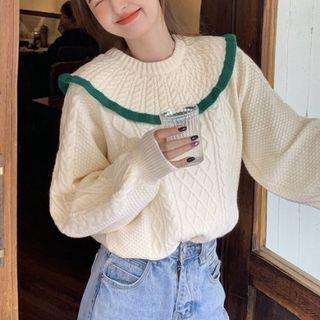 Contrast Trim Cable Knit Sweater Milky Almond - One Size