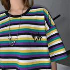 Embroidered Striped Elbow-sleeve T-shirt Purple - One Size