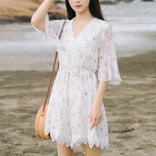 3/4-sleeve Lace Trim Floral Chiffon Wide-leg Playsuit