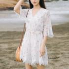 3/4-sleeve Lace Trim Floral Chiffon Wide-leg Playsuit