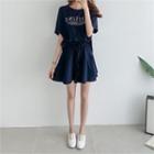 Set: Letter Print T-shirt + Drawstring-waist Skort
