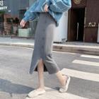 Side-slit Knit Midi Straight-fit Skirt