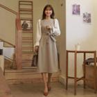 Contrast-sleeve Wool Blend Dress With Sash