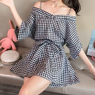 3/4-sleeve Cold-shoulder Plaid Mini Shirt Dress