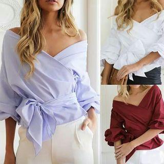 Plain V-neck Elbow Sleeve Shirt