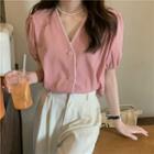 Puff-sleeve V-neck Contrast Trim Shirt