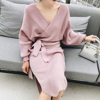 Long-sleeve Midi Knit Dress With Belt Mauve Pink - One Size