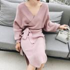 Long-sleeve Midi Knit Dress With Belt Mauve Pink - One Size