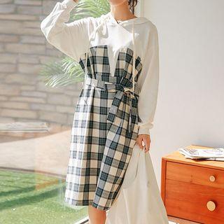 Long-sleeve Plaid Panel Tie-waist Hoodie Dress