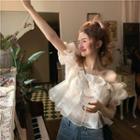 Puff-sleeve Off-shoulder Ruffled Chiffon Blouse Pale Almond - One Size