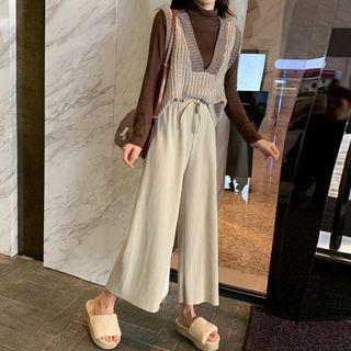 Color Block Knit Vest / High Waist Long-sleeve T-shirt / Cropped Wide-leg Pants